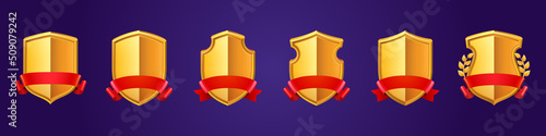 Golden game award shields, badges, level ui icons. Empty gold frames with red banners and laurel wreaths. Isolated bonus graphic elements, reward, trophy achievement and prize, Cartoon vector set