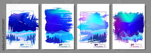 Northern Lights. Aurora. Set of landscapes in art frames. Travel, discover, explore, observing nature. Hiking. Adventure. Minimalist graphic flyer. Flat design. Polygonal mountain landscape. Vector