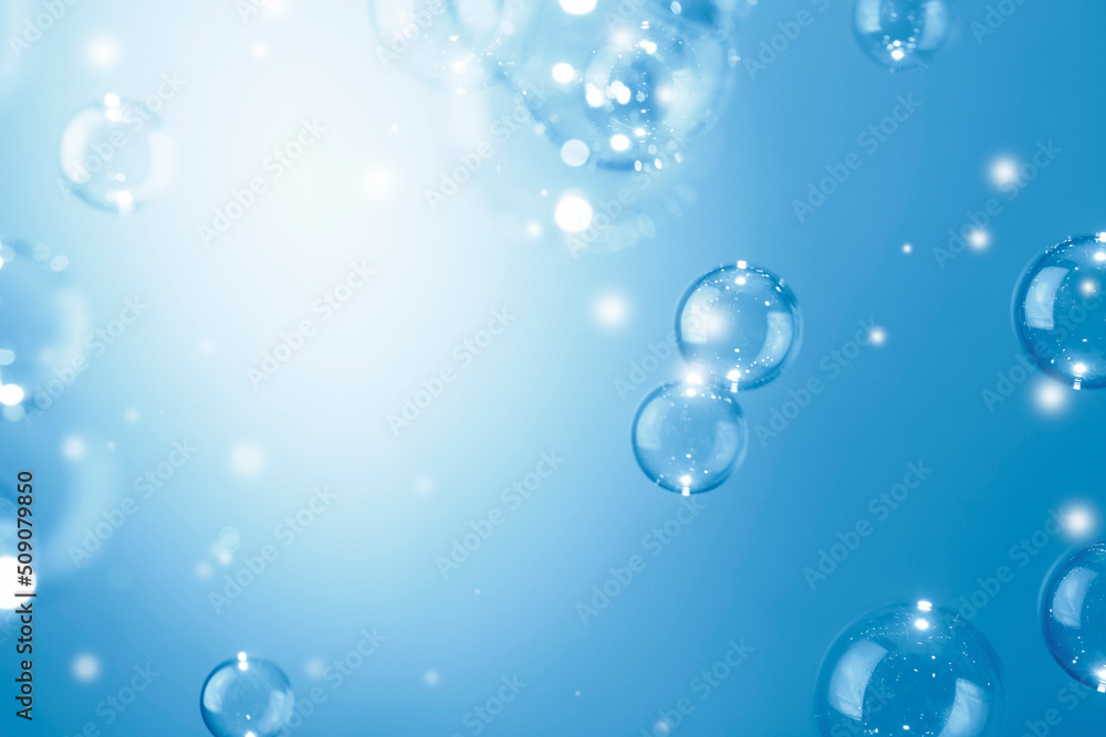 Beautiful Shiny Transparent Blue Soap Bubbles Background. Soap Sud Bubbles Water.	 - obrazy, fototapety, plakaty 
