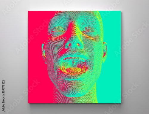 Portrait of screaming man with wide open mouth. Shock and awe. Full of emotions. Voxel art. 3D vector illustration.