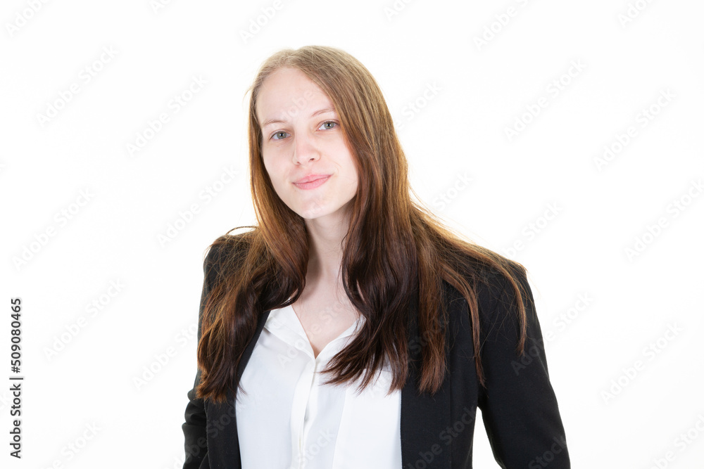 Happy cheerful female consultant looking at camera Young business woman standing isolated over white background smiling entrepreneur concept Happy cheerful female consultant looking at camera Young business woman standing isolated over white background smiling entrepreneur concept