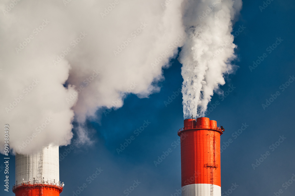 Heavy white steam clouds rise over chimneys of plant