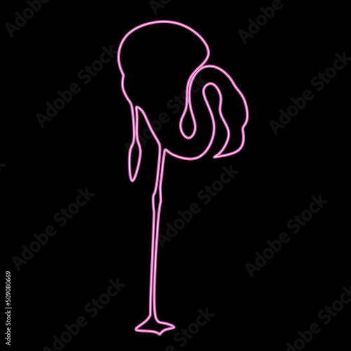 Neon pink flamingo silhouette thin line icon for logo design. Vector illustration of a flamingo mascot isolated on a black background.