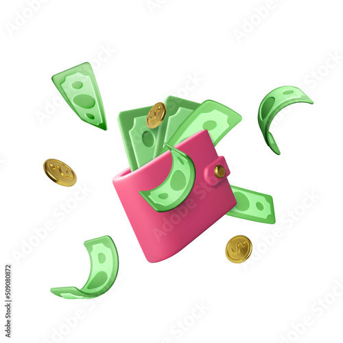 3D Wallet with green dollar bills and gold coins. Business and finance concept. Success investment or cashback service