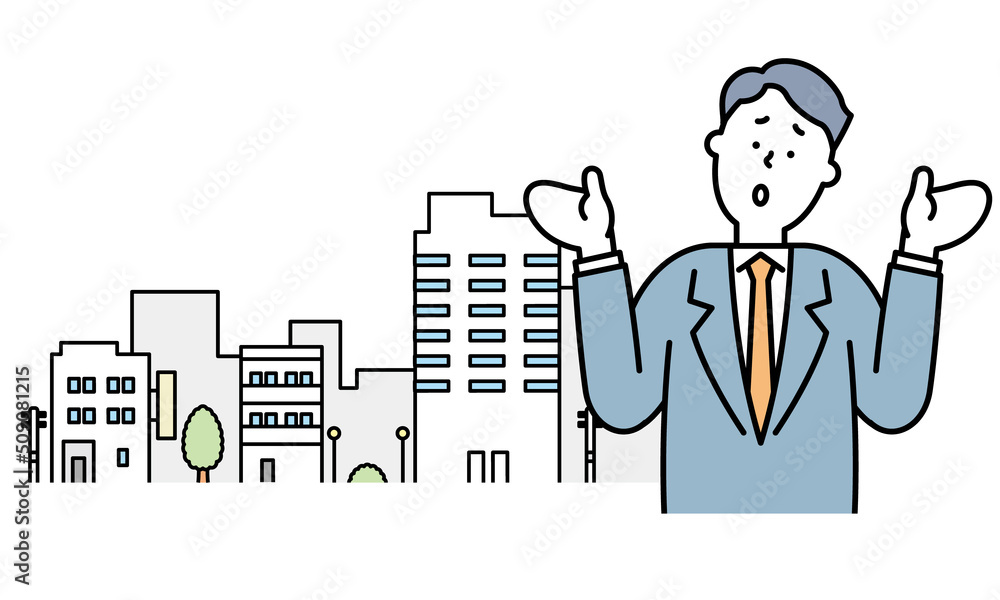 Why?の仕草をするビジネスパーソンと街