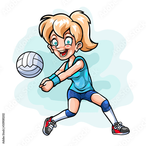 Cartoon little girl playing volleyball isolated on white background