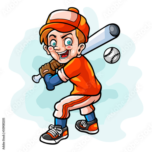 Cartoon little boy mascot playing baseball