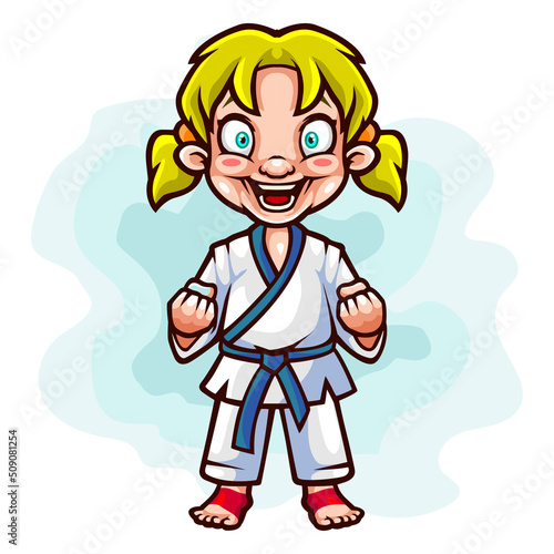 Cartoon little karate girl isolated on white background
