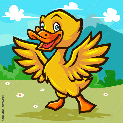 Happy Duck cartoon isolated on garden and mountains background. Vector illustration 