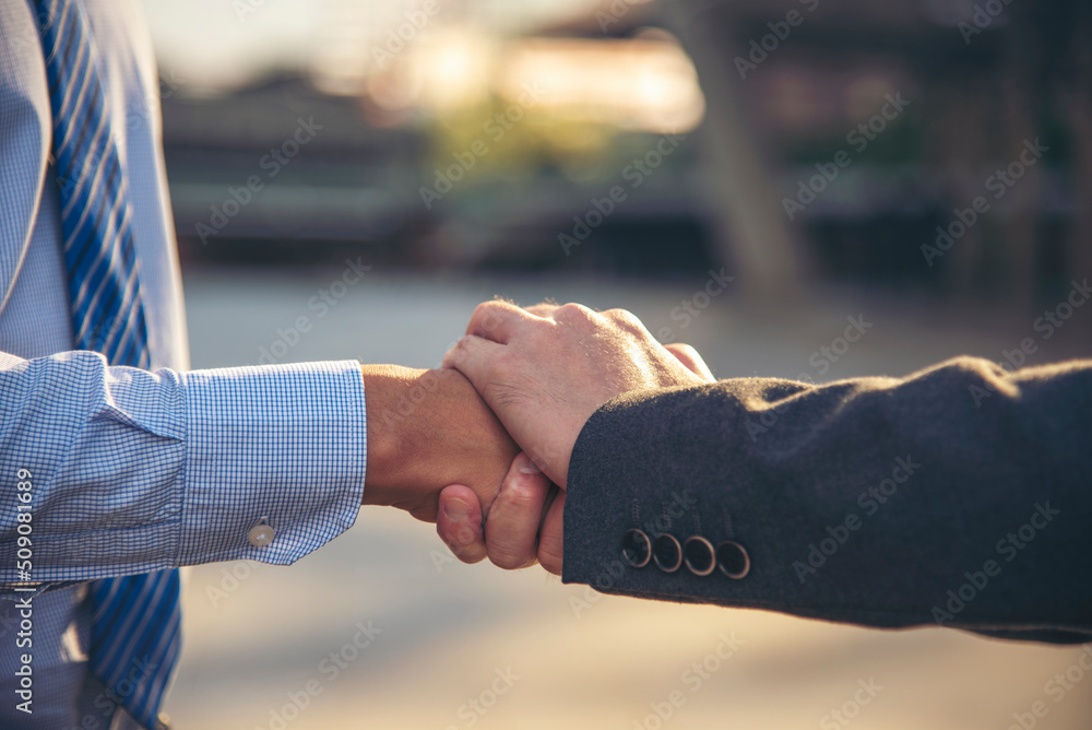 Fototapeta premium Lawyer partnership Businessman handshake together Notary lawfirm. Two Men Trust honesty business customer handshake promise respect partner. Diversity solidarity team Partner hands together teamwork
