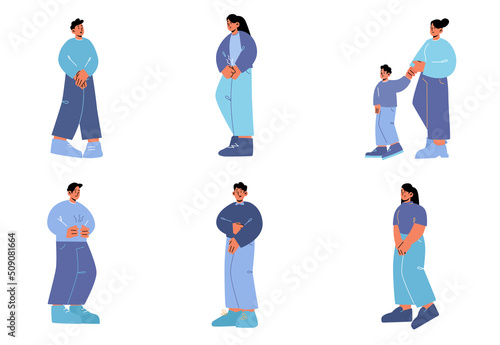 People need toilet isolated set. Men, women and kids want to pee or poop feeling discomfort in stomach and groin. Male and female characters malaise, full bladder, Line art flat vector illustration
