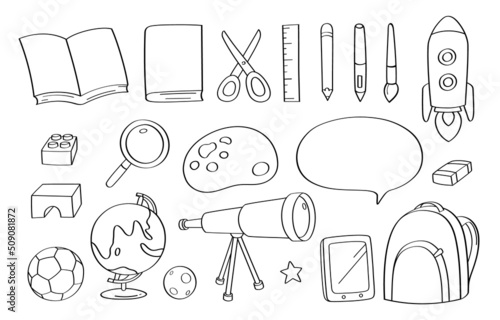Cute doodle education cartoon icons and objects.