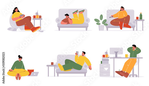 Lazy people relax and procrastination concept. Lazybones men and women lying or sitting on couch with gadgets, delay and postpone work, watching movie and tv set, Line art flat vector illustration