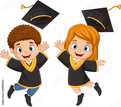 Cartoon happy graduation children jumping