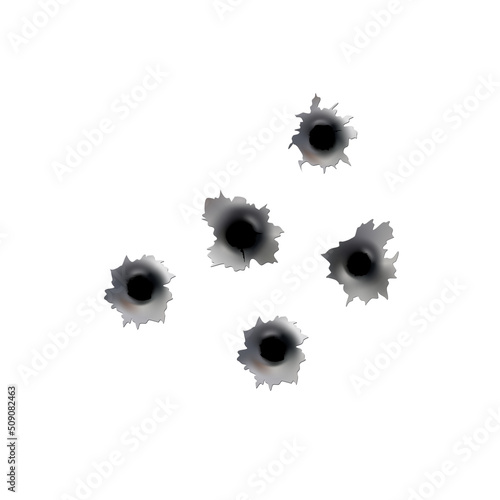 Bullet holes of gun or pistol. Shoot in metal single and double hole. Damage and cracks on surface. Vector isolated on background