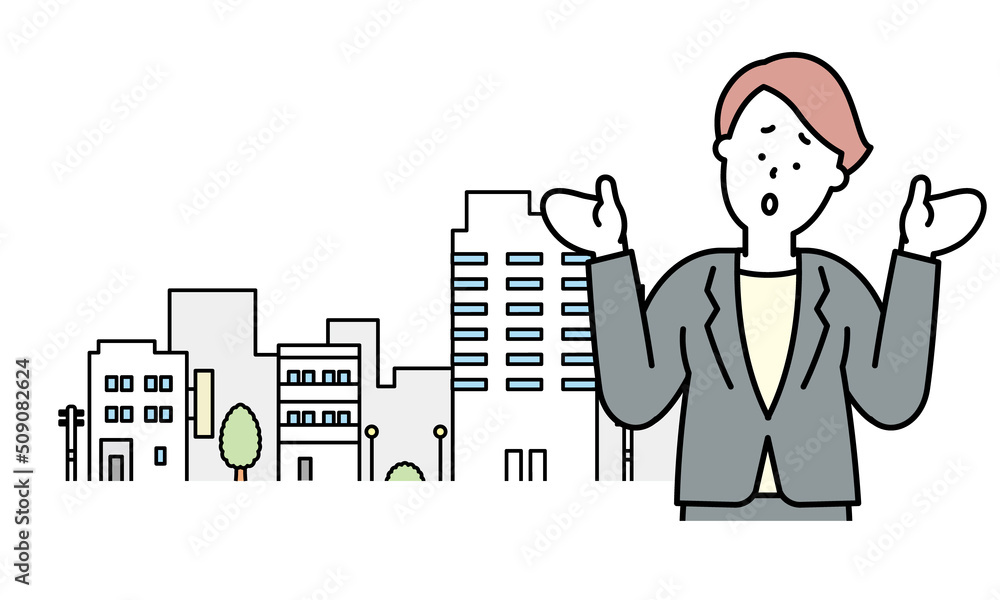 Why?の仕草をするビジネスパーソンと街 Why?の仕草をするビジネスパーソンと街