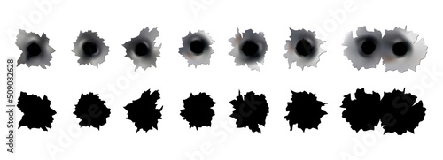 Bullet holes of gun or pistol. Shoot in metal single and double hole. Damage and cracks on surface. Vector isolated on background