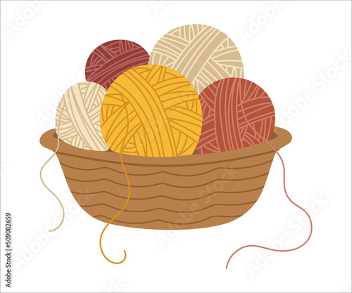 Vector isolated element. A ball of thread. Basket with threads. Yarn. Handmade work. Knitting. Color image on a white background. The print is used for packaging design.
