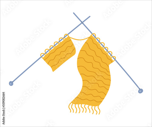 Vector isolated element. Knitted scarf. Knitted product. Yarn. Handmade work. Knitting. Color image on a white background. The print is used for packaging design.