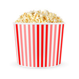Popcorn bucket with red strips isolated on white.