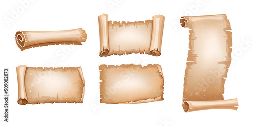Parchment cartoon scroll. Empty old paper scroll blank papurus. Fairy manuscript and vintage letter. Vector textured antique element