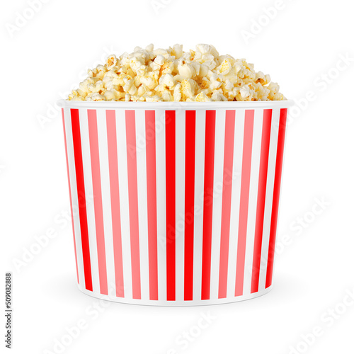 Popcorn bucket with red strips isolated on white.