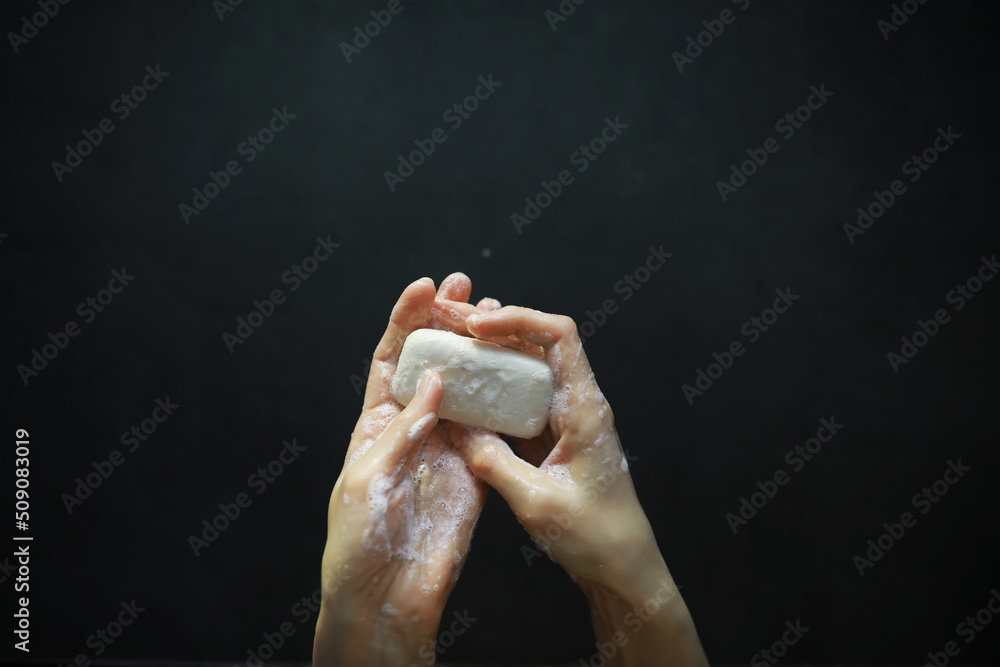 Bare hands in soapy foam. Hand hygiene. Wash your hands. Disinfection with soap protection against viruses. Bare hands in soapy foam. Hand hygiene. Wash your hands. Disinfection with soap protection against viruses.