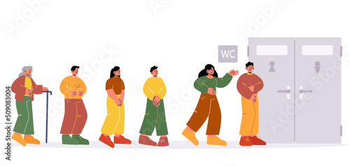 Queue to the toilet. People waiting at WC door stand in line. Unhappy male and female characters feel malaise with full bladder or stomach seething in public restroom, Linear flat vector illustration
