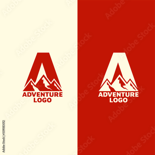 Letter A logo blending with mountain silhouette in two tone background