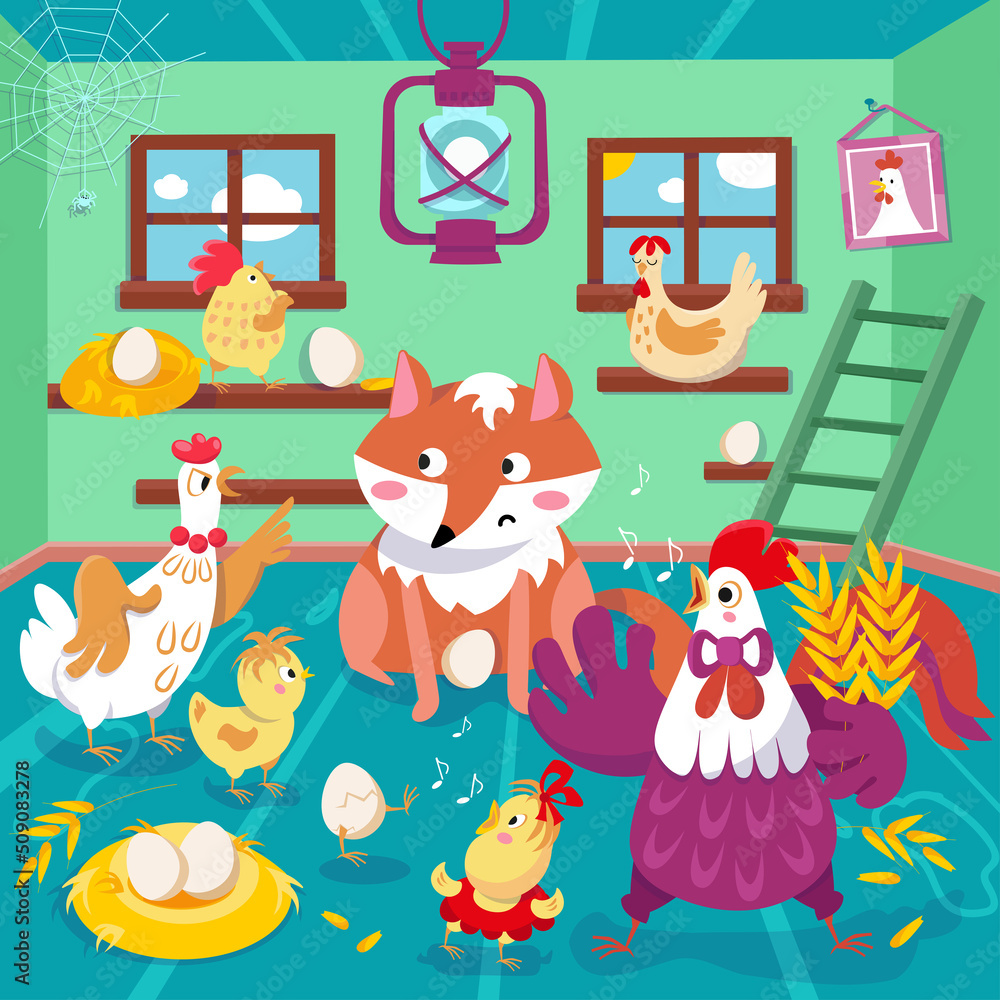 Funny family of rooster and hen with fox in chicken coop. Vector color illustration. Picture for design of posters, books, puzzles. Funny family of rooster and hen with fox in chicken coop. Vector color illustration. Picture for design of posters, books, puzzles.