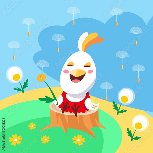 Funny chicken plays with dandelion in meadow. Nature in summer. Vector color illustration. Picture for design of posters, cards, puzzles. 