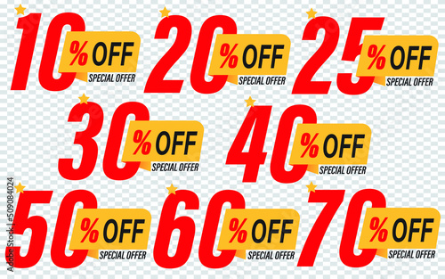 Special offer discount label with different sale percentage. 10, 20, 30, 70, 50 percent off price reduction badge