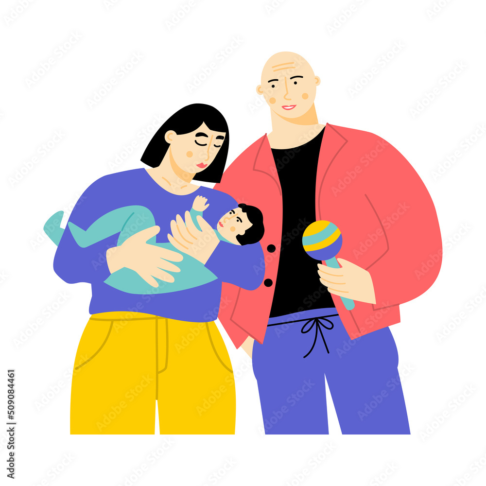 Parents with their newborn baby. Young traditional family. Mother holding her infant kid. Happy motherhood and parenthood. Vector flat illustration Parents with their newborn baby. Young traditional family. Mother holding her infant kid. Happy motherhood and parenthood. Vector flat illustration