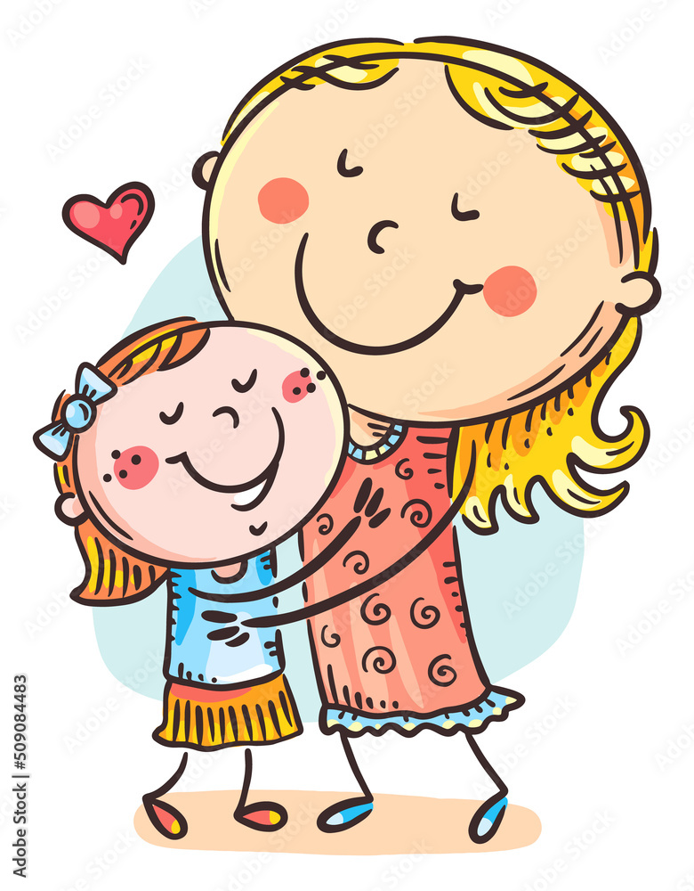 Cartoon illustration of mom hugs daughter Cartoon illustration of mom hugs daughter