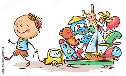 Little cartoon boy with a lot of toys on truck