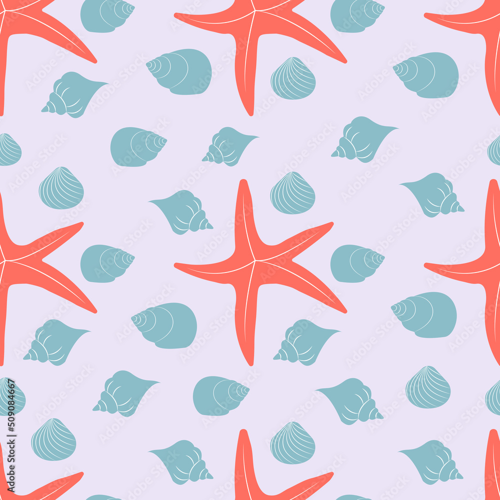 Vector endless pattern with tropical seashell and sea star. Cartoon colorful underwater mollusk and sea star. Ocean vector set isolated on white. Colorful undersea elements