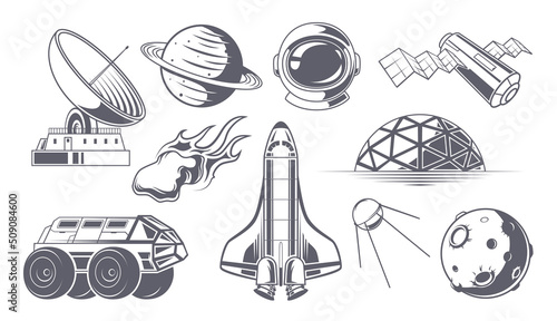 Space labels. Monochrome badges with space rockets astronaut exploring universe adventure shuttles exact vector illustration stylized