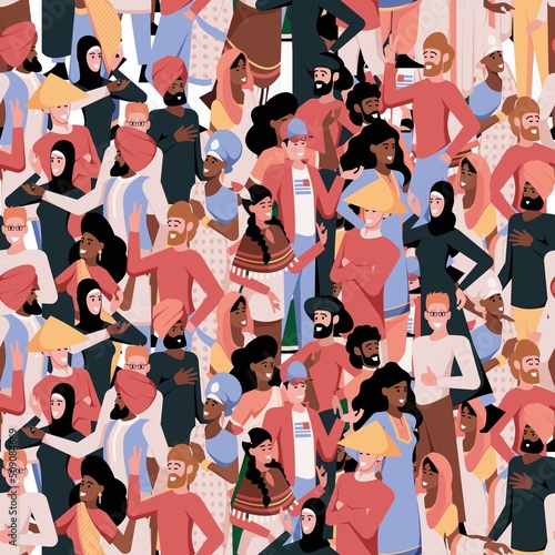 Crowd pattern. Multi ethnical adults diversity persons garish vector seamless background