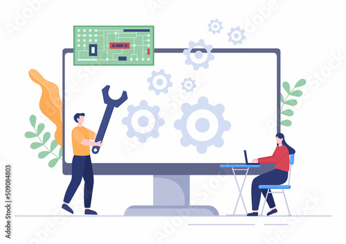 Computer Repair or Service Flat Cartoon Illustration with Tools Repairman Electronics for for Data Recovery Center and Crash on PC