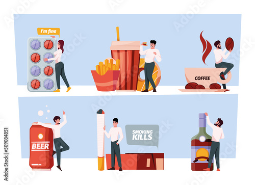 Bad habits. Adults alcoholisms drugs and various addictions male and female gambling players garish vector flat concept pictures set