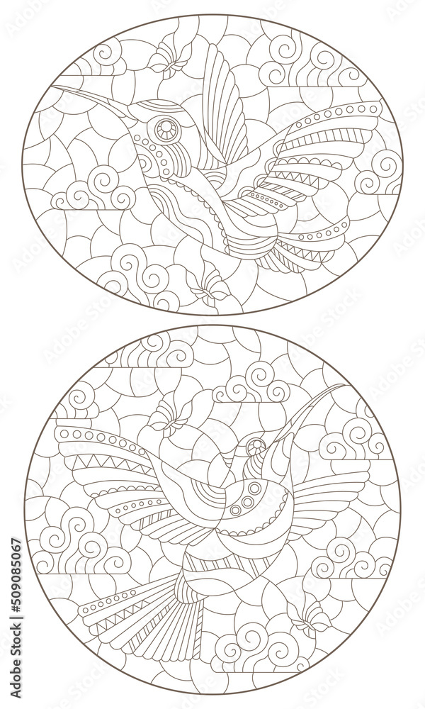 Set of contour illustrations of stained glass Windows with Hummingbird birds on a sky background, dark outlines on a white background, oval images Set of contour illustrations of stained glass Windows with Hummingbird birds on a sky background, dark outlines on a white background, oval images