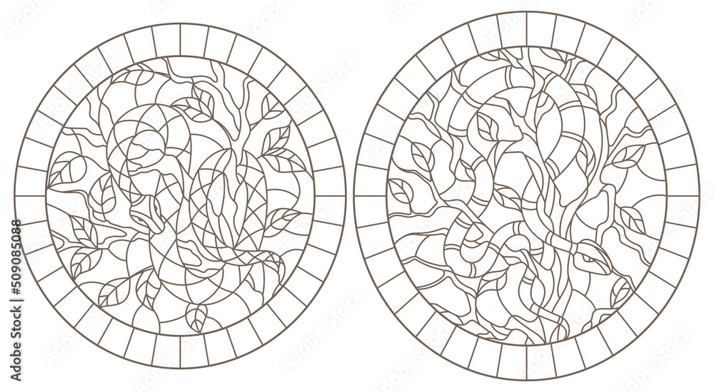 Set of contour illustrations of stained-glass windows with snakes on trees Set of contour illustrations of stained-glass windows with snakes on trees