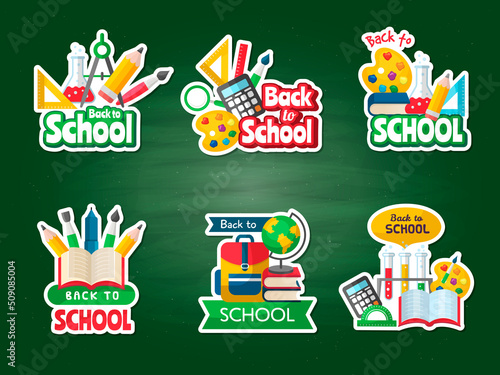 Back to school badges. Education concept colored labels and emblems for students recent vector logo