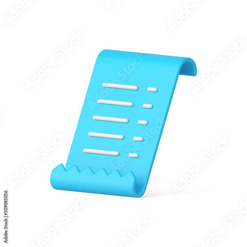 Realistic blue glossy paper payment check financial data information legal form 3d icon vector
