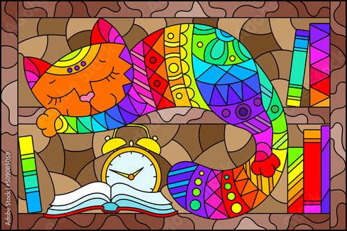 A stained glass illustration with a cute cartoon cat sleeping on bookshelves