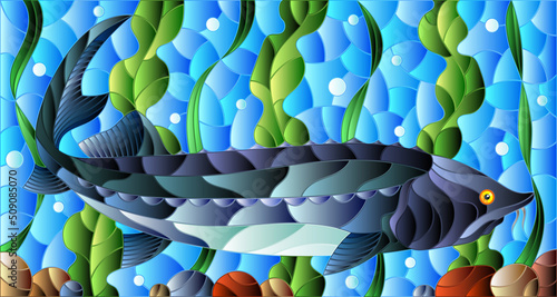 Illustration in stained glass style with beluga fish on the background of algae, air bubbles and water
