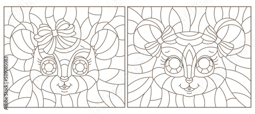Set of contour illustrations of stained glass Windows with cartoon mouse heads  dark outlines on white background