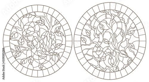 Set of contour illustrations of stained-glass windows with snakes on trees 