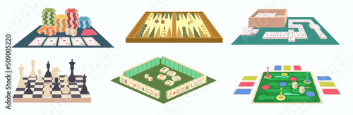 Board games. Playful funny attractions for kids dices cards chess puzzles tower with bricks exact vector cartoon colored templates