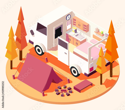 isometric campervan in autumnal vector illustration